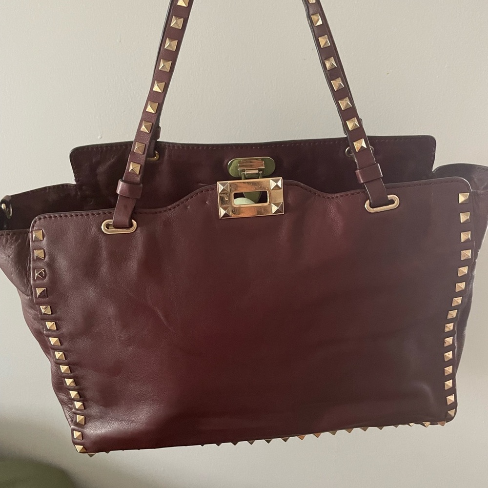 Valentino Burgundy Studded Leather Tote Bag